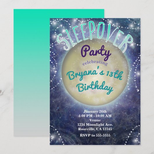 Invitations de fête pyjama lune dans le ciel noctu (Devant / Derrière)