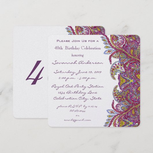 Invitations de fête rose 40e anniversaire (Devant / Derrière)