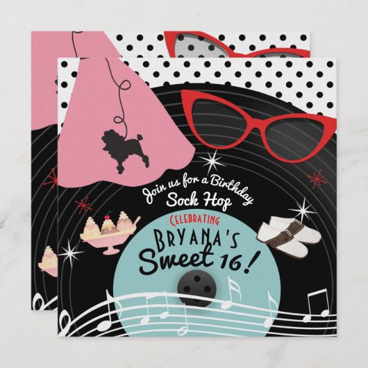 Invitations de fêtes à thème des années 50 (Devant / Derrière)