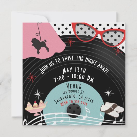 Invitations de fêtes à thème des années 50 (Dos)