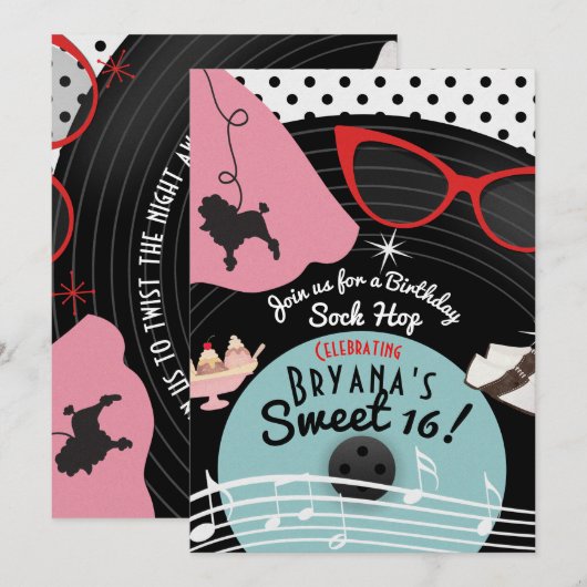 Invitations de fêtes à thème des années 50 (Devant / Derrière)