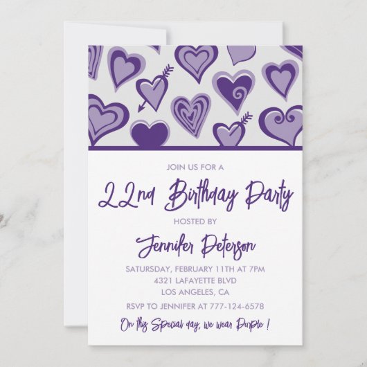 Invitations de fille 22e anniversaire Purple Heart (Devant)