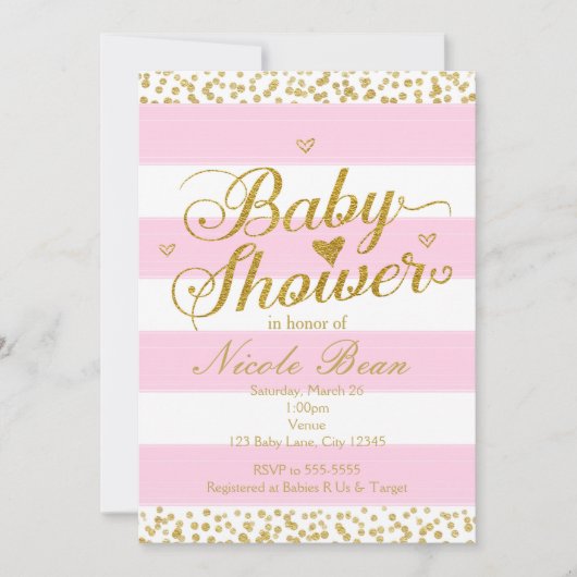 Invitations de filles BABY SHOWER rose blanc et or (Devant)