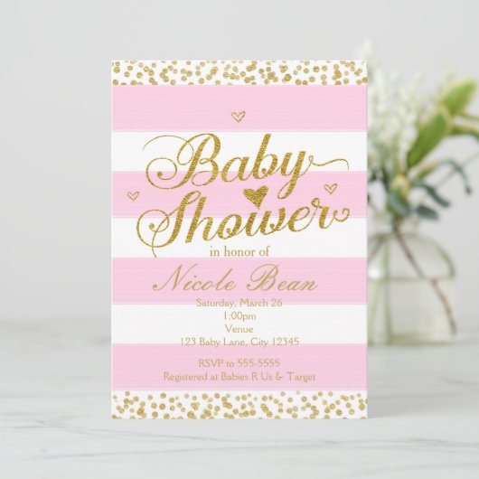 Invitations de filles BABY SHOWER rose blanc et or (Debout devant)