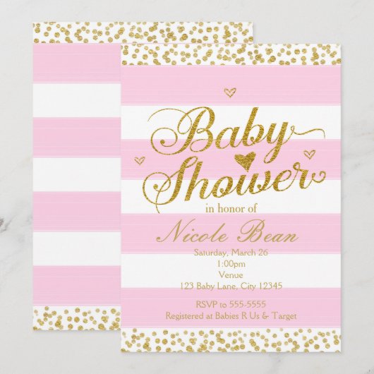 Invitations de filles BABY SHOWER rose blanc et or (Devant / Derrière)