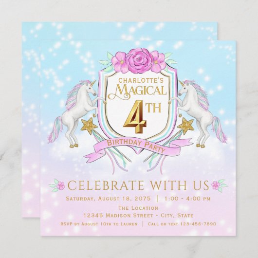 Invitations de Filles Unicorn 4e anniversaire (Devant / Derrière)