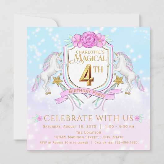 Invitations de Filles Unicorn 4e anniversaire (Devant)