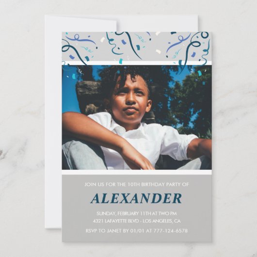 Invitations de garçon 10e anniversaire Confetti Ph (Devant)