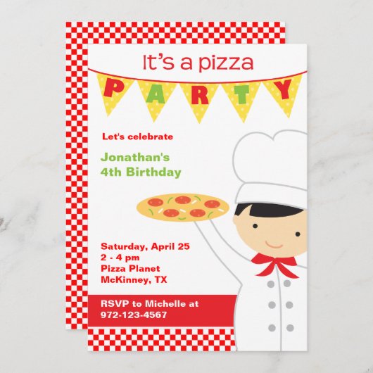 Invitations de garçons de la fête de Pizza (Devant / Derrière)