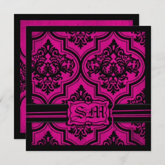 Invitations de Goth Fuchsia Black Mariage damassé (Devant / Derrière)