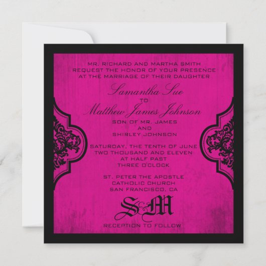 Invitations de Goth Fuchsia Black Mariage damassé (Dos)