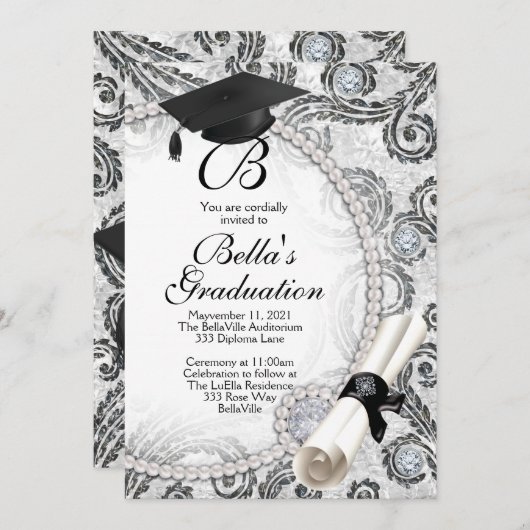 Invitations de graduation Bling Pearl (Devant / Derrière)