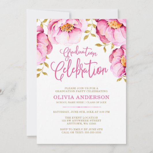 Invitations de graduation Florale d'or rose (Devant)