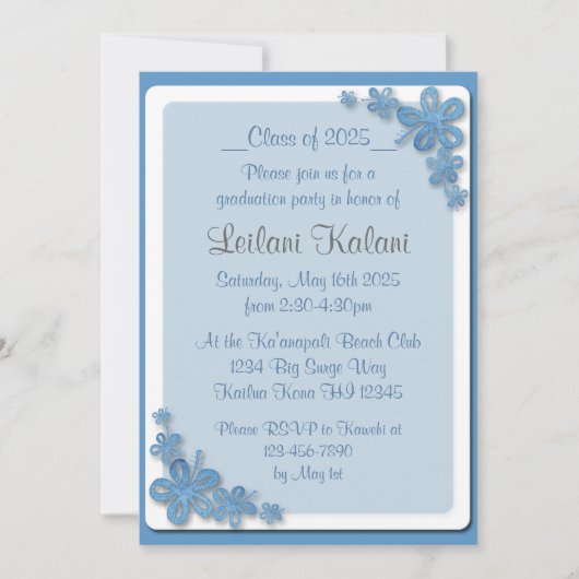 Invitations de graduation Hawaii bleu hibiscus (Devant)