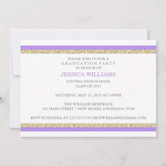 Invitations de graduation violette et or (Dos)