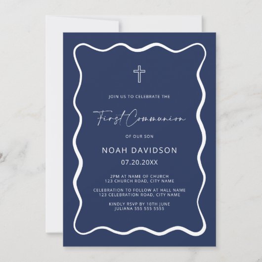 Invitations de la communion bleu vague de la Marin (Devant)