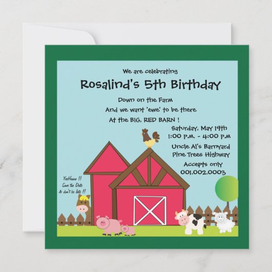 invitations de la fête d'anniversaire de Barnyard (Devant)