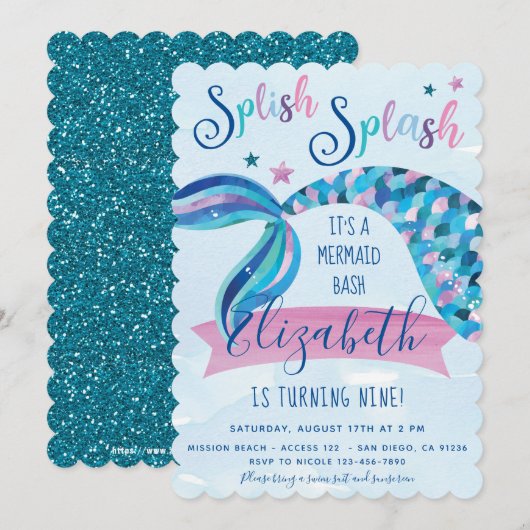 Invitations de la fête d'anniversaire de la sirène (Devant / Derrière)