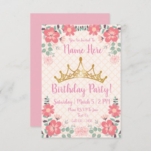 Invitations de la fête d'anniversaire Princess (Devant / Derrière)
