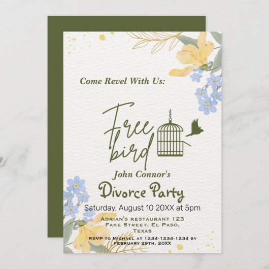 Invitations de la fête de divorce : Oiseau libre, (Devant / Derrière)