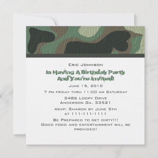 Invitations de la fête du camouflage (Devant)