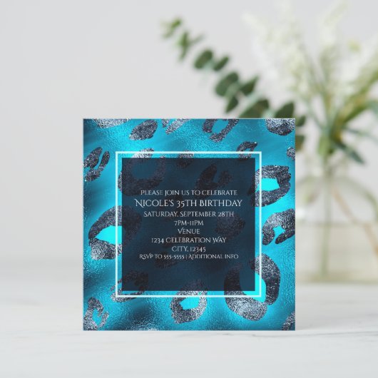 Invitations de la fête Empreinte de léopard Blue & (Debout devant)