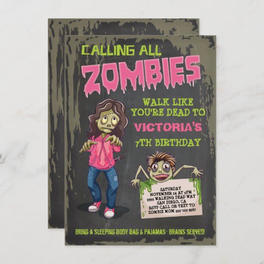 Invitations de la Fille Zombie fête d'anniversaire (Devant / Derrière)