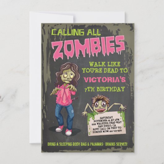Invitations de la Fille Zombie fête d'anniversaire (Devant)