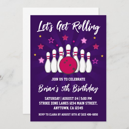 Invitations de la partie de bowling cool (Devant / Derrière)