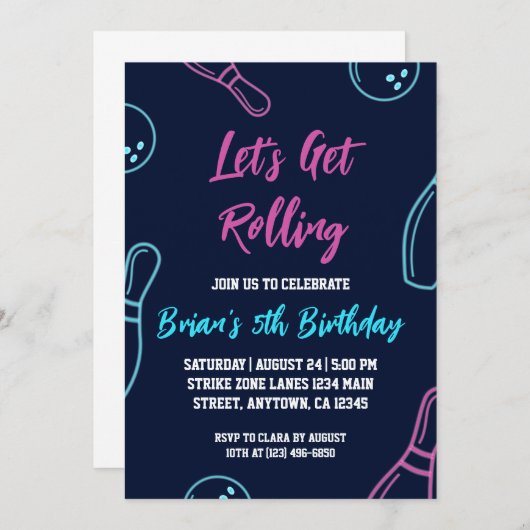 Invitations de la partie de bowling cool (Devant / Derrière)