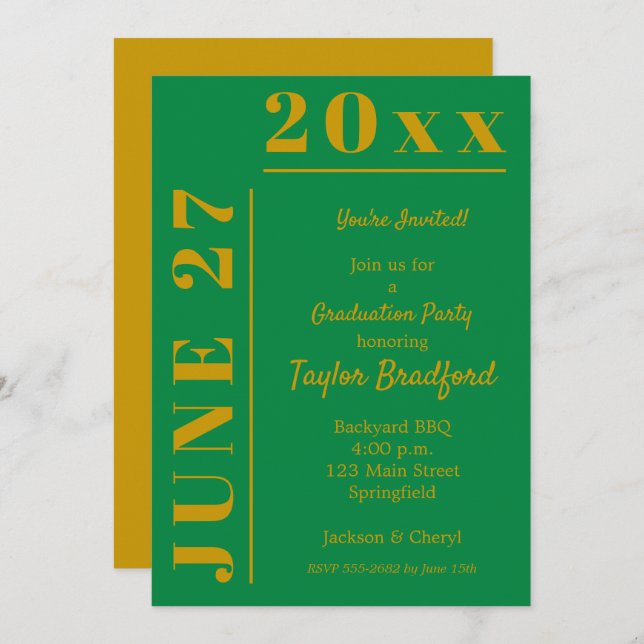 Invitations de la partie de graduation verte et or (Devant / Derrière)