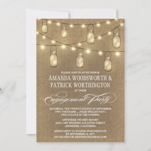 Invitations de la partie d'engagement Burlap Mason (Devant)