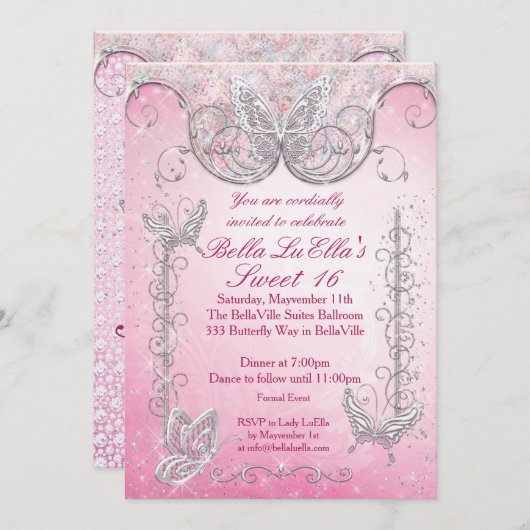 Invitations de la partie papillon diamant (Devant / Derrière)