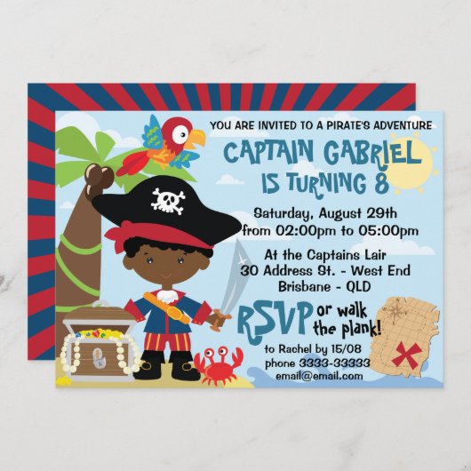 Invitations de la partie pirate de garçon afro-amé (Devant / Derrière)