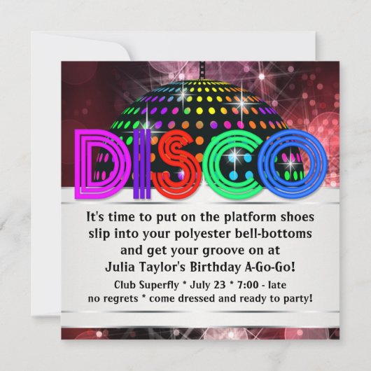 Invitations de la soirée dansante disco (Dos)