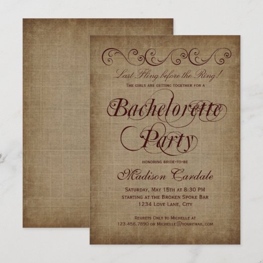 Invitations de la soirée de bachelorette rustique (Devant / Derrière)