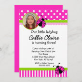 Invitations de Ladybug BIrthday à Hot Pink et Gree (Devant / Derrière)