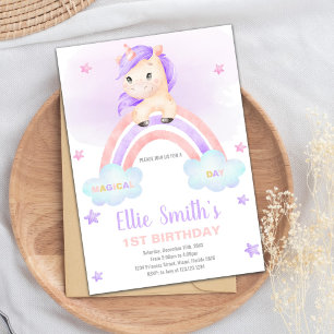 Invitations de licorne violet rose arc-en-ciel