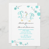 Invitations de lovebirds bleus et de fleurs (Devant / Derrière)