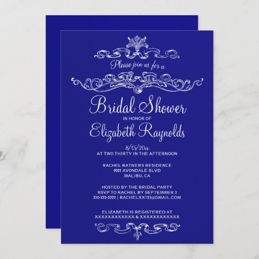 Invitations de luxe de Fête de la mariée de bleu (Devant / Derrière)