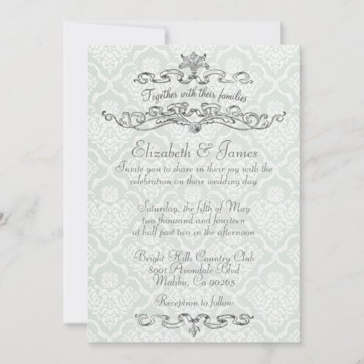Invitations de luxe simples de mariage damassé (Devant)