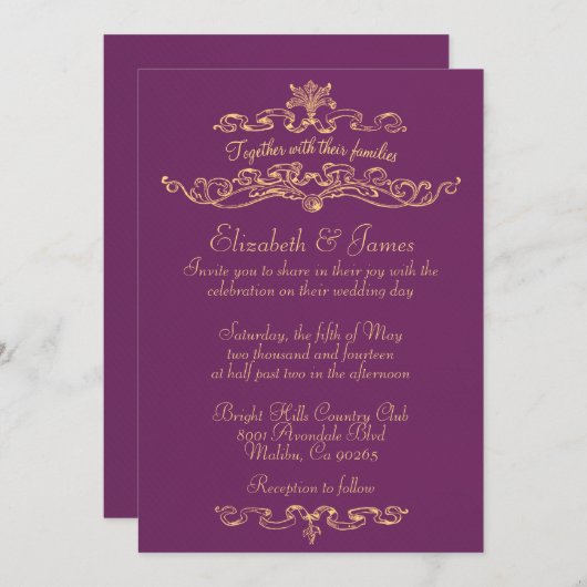 Invitations de luxe simples de mariage de pourpre (Devant / Derrière)