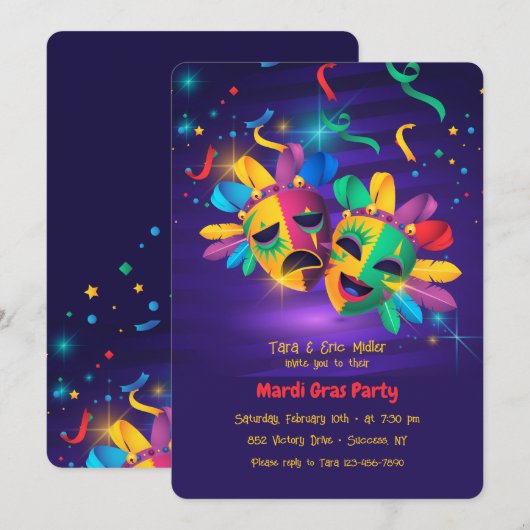 Invitations de Mardi Gras Masques (Devant / Derrière)