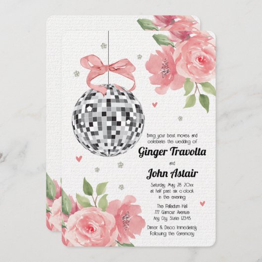 Invitations de mariage à billes Disco rose Floral (Devant / Derrière)
