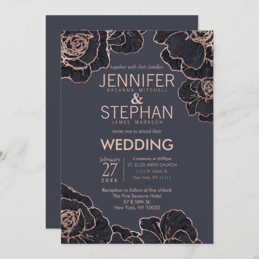 Invitations de mariage à fleurs bleues de la Marin (Devant / Derrière)