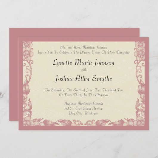 Invitations de mariage à la crème d'ivoire du Rose (Devant / Derrière)