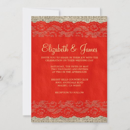 Invitations de mariage à la dentelle rouge et doré (Devant)