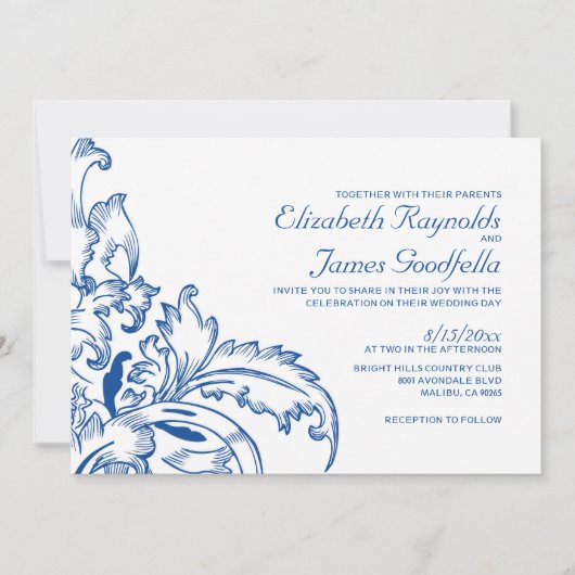 Invitations de mariage à la floraison bleue royale (Devant)