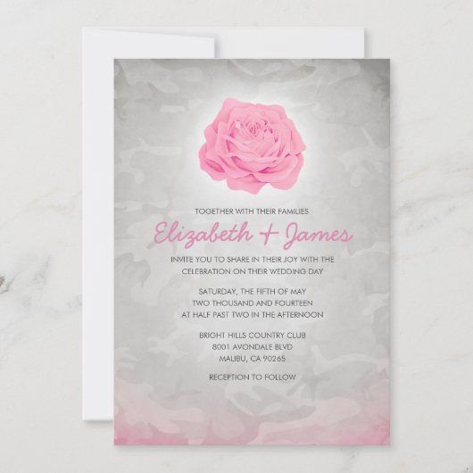 Invitations de mariage à la mode rose de Camo (Devant)