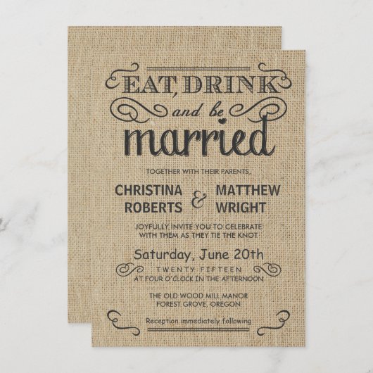 Invitations de mariage à la mode rustique Burlap (Devant / Derrière)